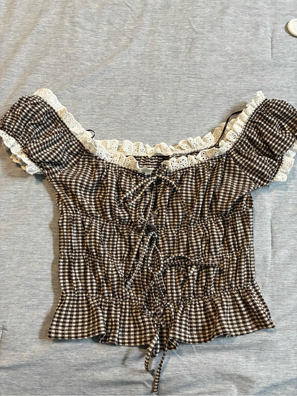 Zara Brown Gingham Off-Shoulder Lace-Trim Crop Top